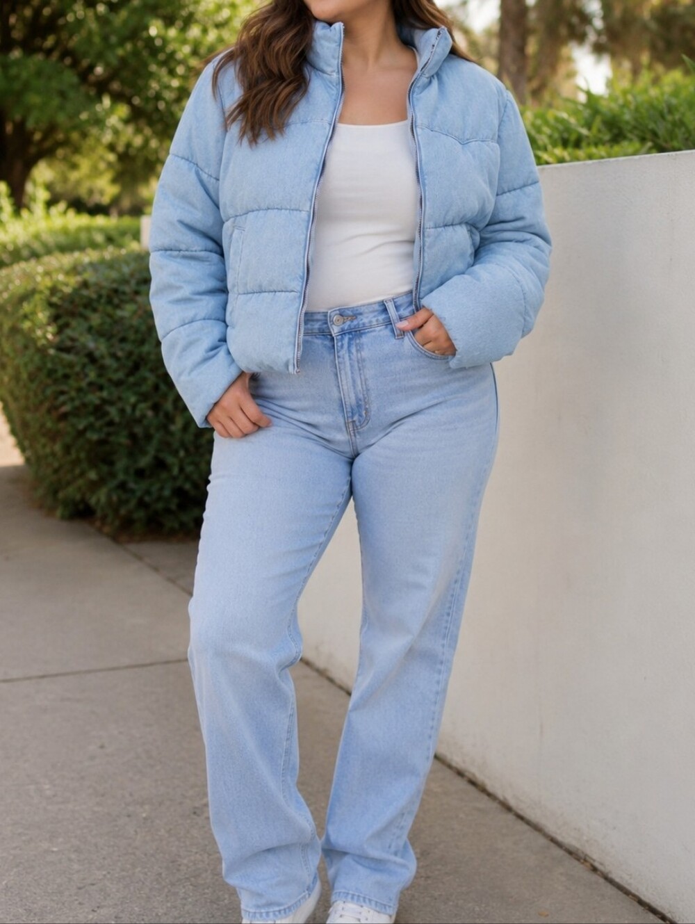 NWT Levi's Light Blue Denim-Look Quilted Puffer Jacket 100% Cotton Zip-Up Cozy